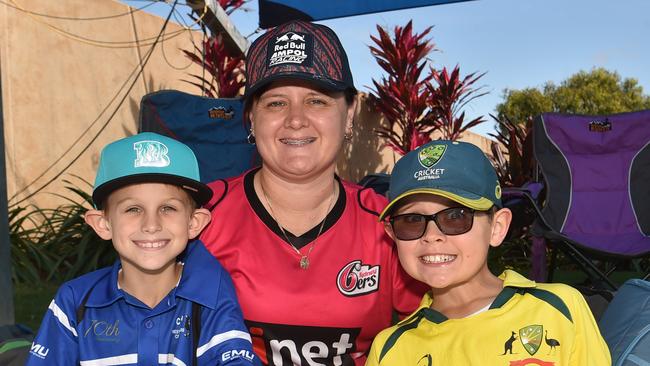 Game three of Dettol ODI series between Australia and Zimbabwe at Riverway Stadium. Aurora Fraser with Chayse Mobbs, 8, and Nate Fraser, 9. Picture: Evan Morgan