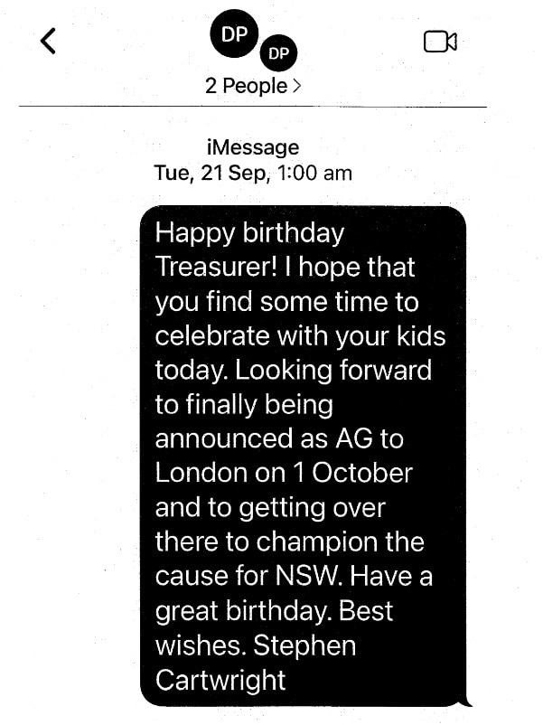 Texts between Stephen Cartwright and NSW Premier Dominic Perrottet appear to discuss Mr Cartwright's appointment as agent general in London.