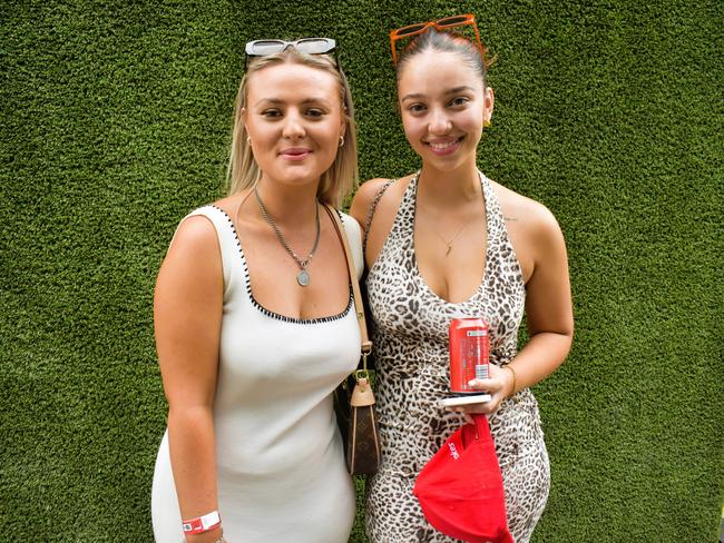 Keeley Turner and Charlette Cowan enjoying all the action at the Ladbrokes Cranbourne Cup on Saturday, November 23, 2024. Picture: Jack Colantuono