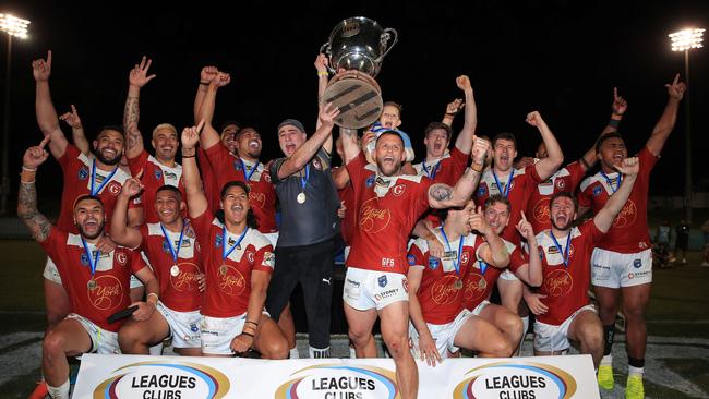 The Glebe Dirty Reds celebrate their 2024 Ron Massey Cup premiership. Picture: Bryden Sharp/NSWRL