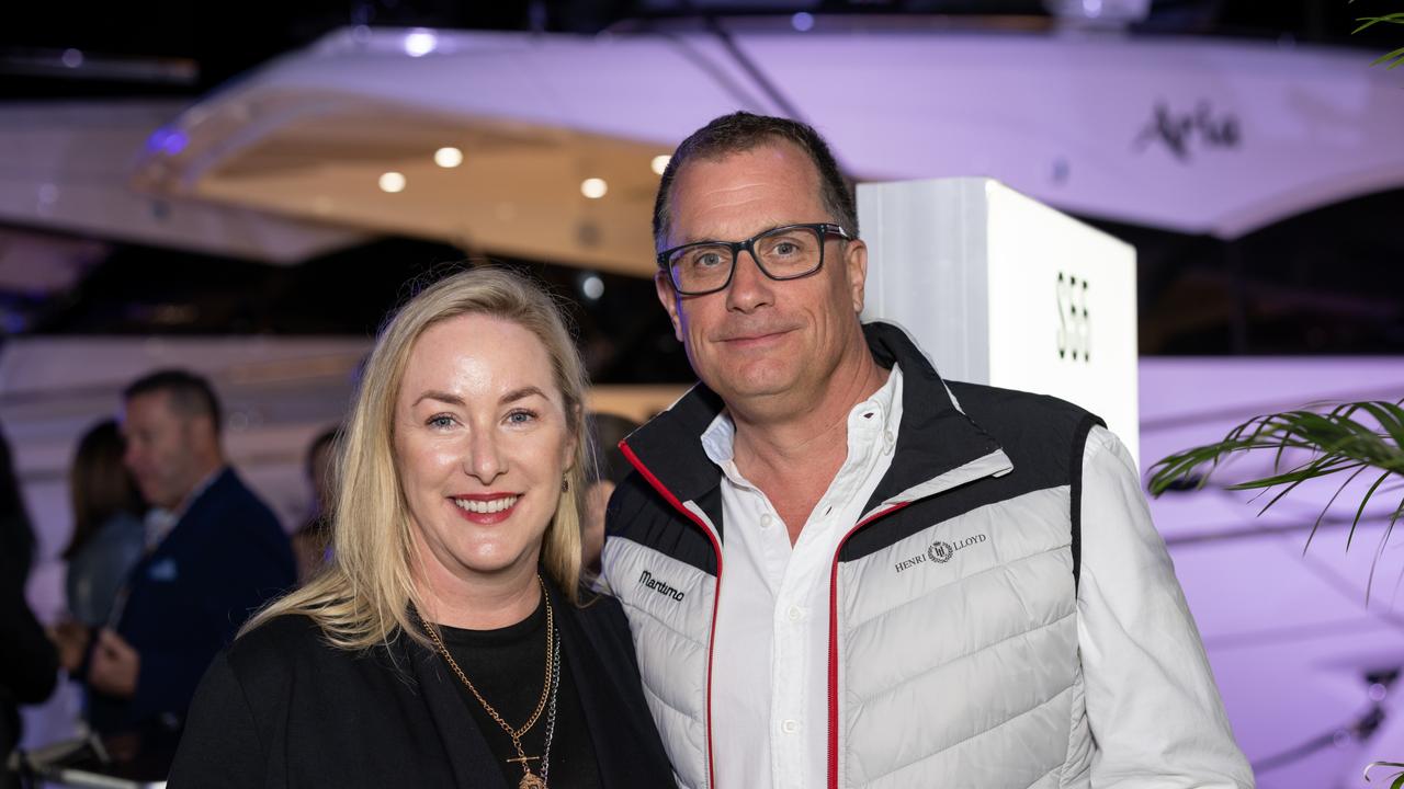 Sacha Reid and Derrick Nowak for The Pulse at Maritimo Luxury Yachts global launch of the S75 and M75 at the Sanctuary Cove International Boat Show 2023. Picture: Celeste Humphrey