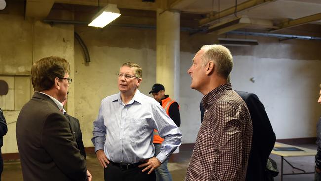 Then premier Denis Napthine visited the construction site of a new tourism destination at Warburton in 2014, on the site of the old Sanitarium factory which closed in 1997. The Premier talks with developer Gary Crocket at the site. Picture: Jason Sammon