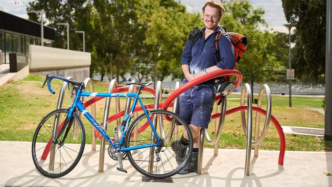 Cyclist, David Apps with one of the bike art installations in Adelaide. Picture: Matt Loxton