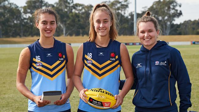 Brenna Tarrant and Georgia Garnett, left and centre, with Alyce Parker, shared MVP honours in round one of the AFL Women's under 18s championship.