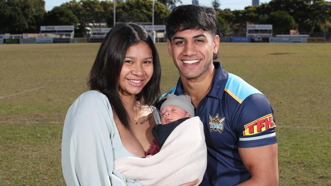 Titans development winger Alofiana Khan-Pereira is the fastest player in club history, with a recorded top speed of 36.5km/h. He's just signed a two-year deal with the Titans. Alofiana Khan_Pereira with his partner Natalia Schnaubelt and their son Prince Laka Pereira at Burleigh Bears Leagues club.. Picture Glenn Hampson