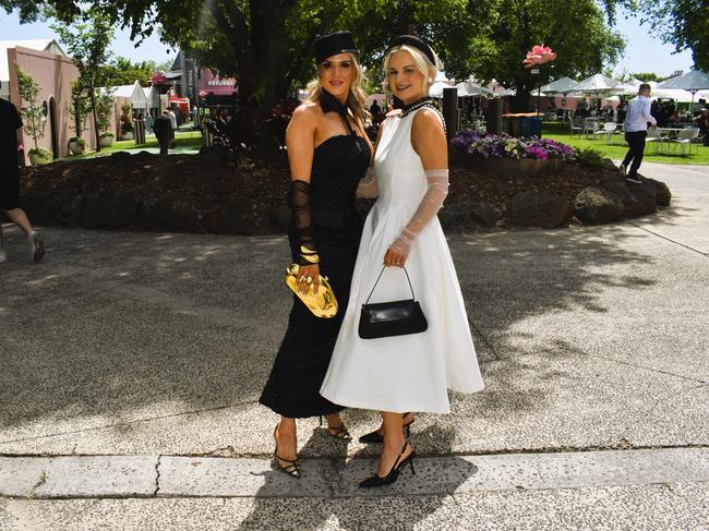 Guests in striking racewear at Penfolds Derby Day at the Flemington Racecourse on Saturday, November 02, 2024: Sneza Jovanovic (mums_style_diary) and Zeljka Abaza (stylingwithzee) — (Best Suited Finalist). Picture: Jack Colantuono