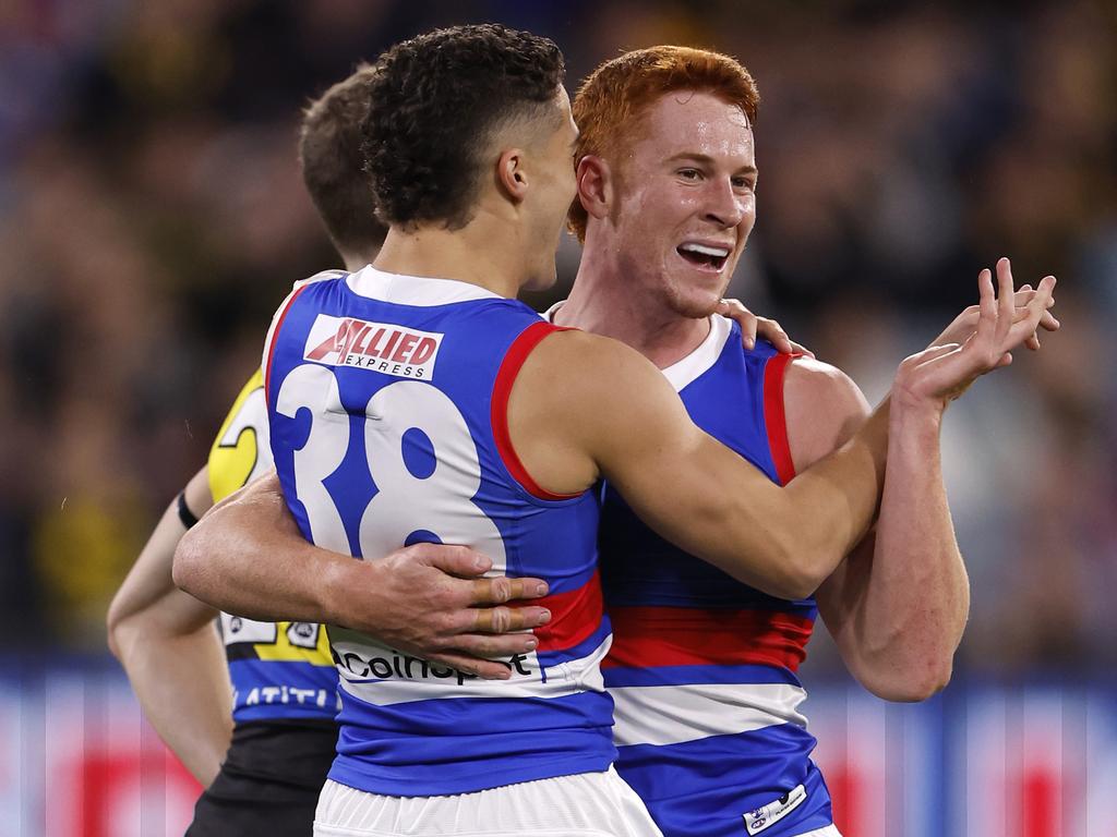 MELBOURNE, AUSTRALIA - MAY 11:  Riley Garcia of the Bulldogs celebrates a goal during the round nine AFL match between Richmond Tigers and Western Bulldogs at Melbourne Cricket Ground, on May 11, 2024, in Melbourne, Australia. (Photo by Darrian Traynor/AFL Photos/via Getty Images)