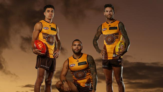 Hawthorn Indigenous players Tyler Brockman, Jarman Impey and Chad Wingard in the club’s Indigenous jumper last year. Picture: Michael Klein