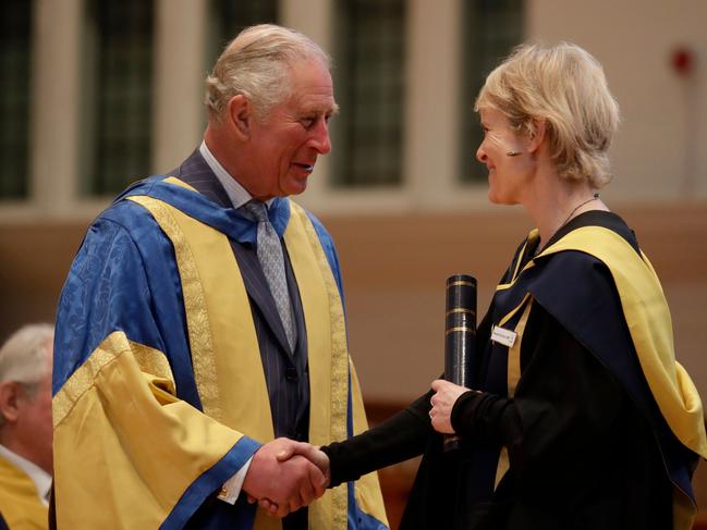 During a ceremony at the Royal College of Music in London Prince Charles also didn’t worry with gloves. Picture: AFP