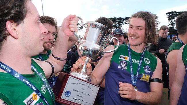 St Mary’s Harry Benson, right, after the grand final. Picture: Mark Wilson