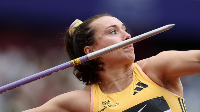 LONDON, ENGLAND - JULY 20: Mackenzie Little of Australia competes in the women's javelin final during the London Athletics Meet, part of the 2024 Diamond League at London Stadium on July 20, 2024 in London, England. (Photo by Michael Steele/Getty Images)