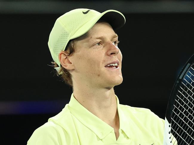 MELBOURNE, AUSTRALIA - JANUARY 24: Jannik Sinner of Italy acknowledges the crowd after winning against Ben Shelton of the United States in the Men's Singles Semifinal during day 13 of the 2025 Australian Open at Melbourne Park on January 24, 2025 in Melbourne, Australia. (Photo by Cameron Spencer/Getty Images)