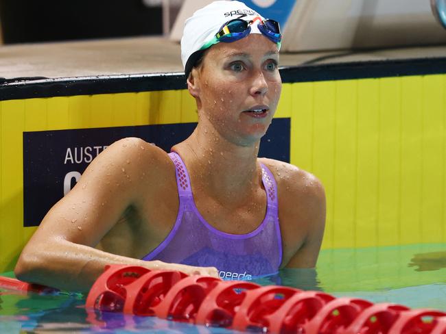 GOLD COAST, AUSTRALIA - APRIL 17: Emma McKeon looks on after swimming in the WomenÃ¢â¬â¢s Open 100m Freestyle Final during the 2024 Australian Open Swimming Championships at Gold Coast Aquatic Centre on April 17, 2024 in Gold Coast, Australia. (Photo by Chris Hyde/Getty Images)