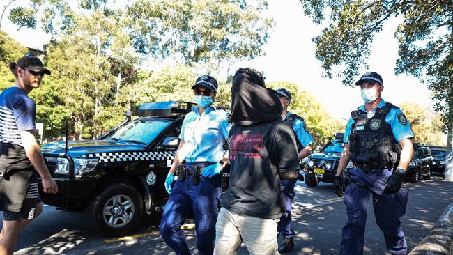 Police arrest protesters at Victoria Park in Sydney. Picture: NCA NewsWire / Flavio Brancaleone