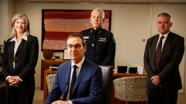 Premier Steven Marshall, Chief Public Health Officer Professor Nicola Spurrier, Police Commissioner Grant Stevens, Health and Wellbeing Minister Stephen Wade. Picture MATT TURNER.