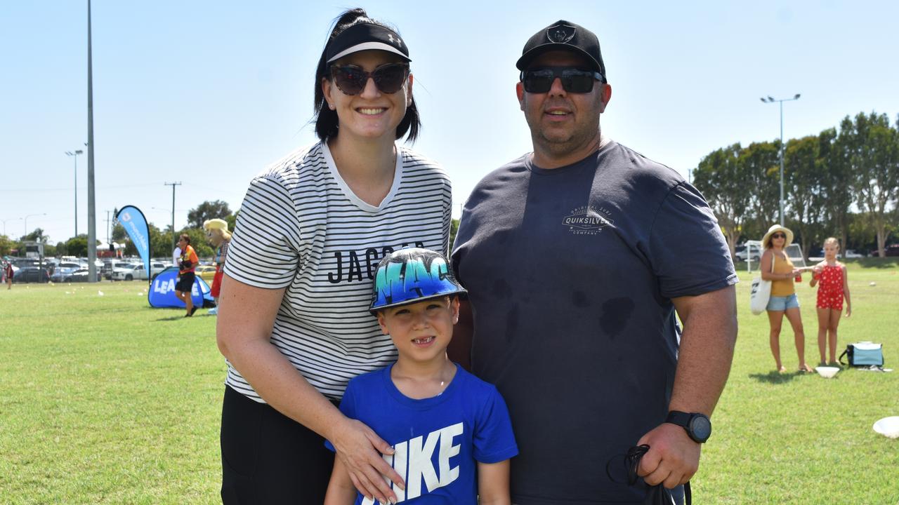 Julie-Ann Nolan with Mac and Andrew Stapleton at the Play Something Unreal rugby league clinic in Kawana. Picture: Sam Turner