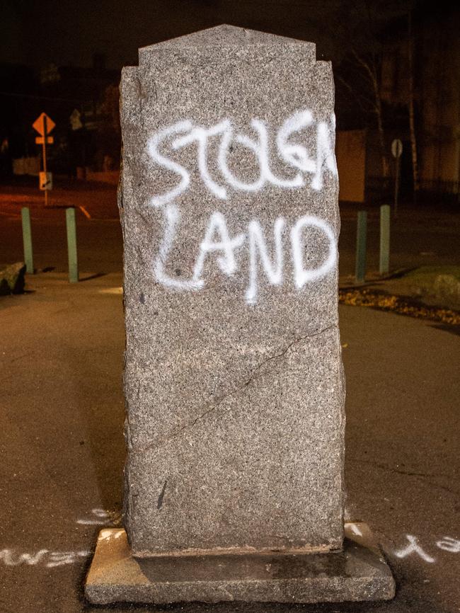 The Captain James Cook monument spray-painted in Edinburgh Gardens. Picture: Tony Gough