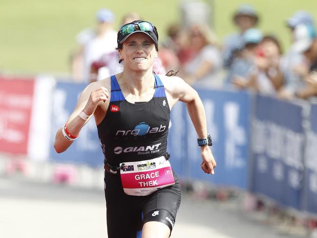 Geelong Ironman,  Grace Thek was leading but fell down before the finish line, finished 2nd,  Picture Yuri Kouzmin