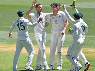 ADELAIDE, AUSTRALIA - DECEMBER 19:Josh Hazelwood of Australia celebrates the wicket ofAjinkya Rahane of India 2 during day three of the First Test match between Australia and India at Adelaide Oval on December 19, 2020 in Adelaide, Australia. (Photo by Mark Brake - CA/Cricket Australia via Getty Images)