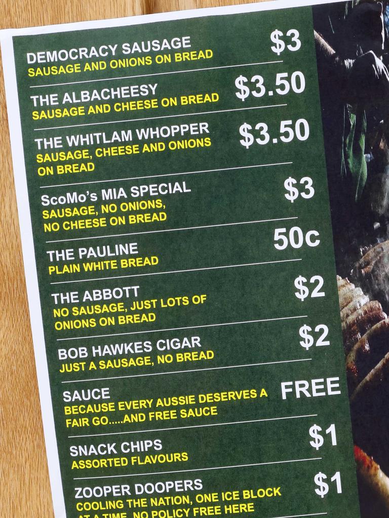 The election menu at a polling booth in Capalaba. Picture: NewsWire/Tertius Pickard