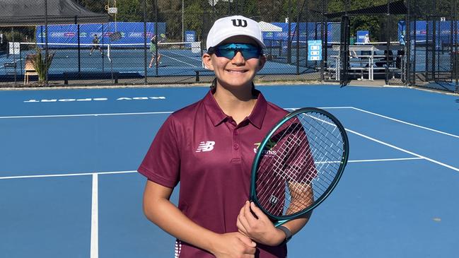 Gold Coast tennis talent Tori Russell is travelling overseas to compete in Wimbledon’s 14-and-under championship. Picture: Mitch Bourke.