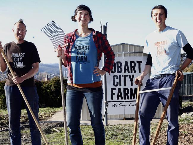 . A community garden on St. Johns Avenue, New Town. picture of co founders from left, Sam Beattie of West Hobart, Hannah Moloney of South Hobart and James Dacosta of South Hobart