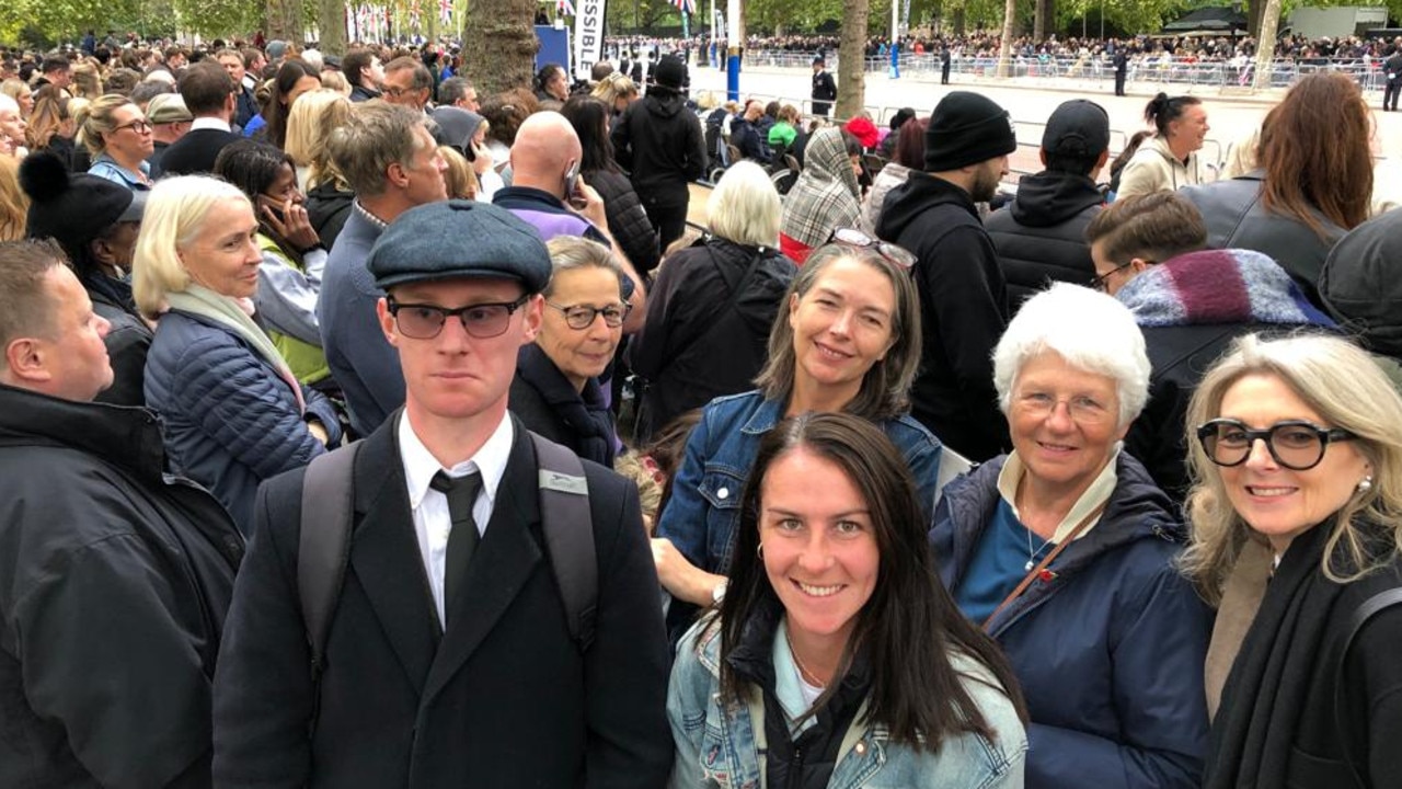 The Mall, London, UK: (L-R) Edward Hallet, Judith Hallet, Nicola Demetriadi (back), Sarah Gill (front), Ann Gill and Michelle Hunton at The Mall for the funeral and to pay respects. Ms Demetriadi is an Australian expat in the UK who described the atmosphere as one of “unity”. Picture: Supplied