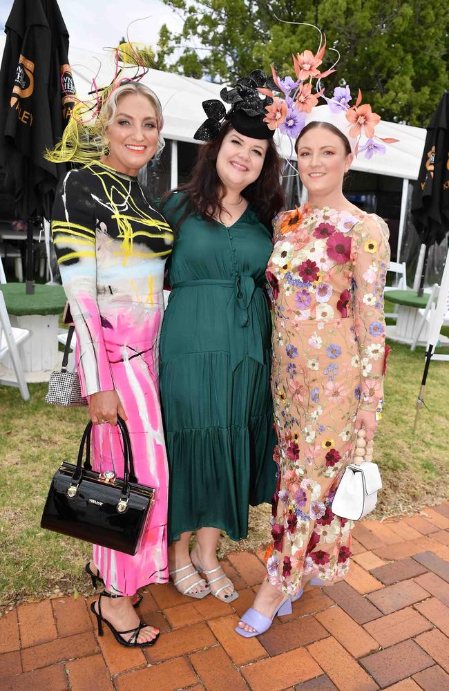 Liz Woodham, Kim Flynn and Bec Cahill at Weetwood race day, Clifford Park. Picture: Patrick Woods.