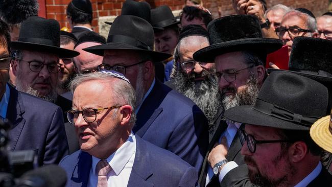 Anthony Albanese speaks to the media after he visited the damaged Adass Israel Synagogue in Melbourne. Picture: Getty Images