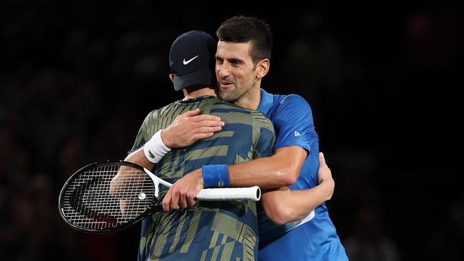 Holger Rune is congratulated by Novak Djokovic after his Paris Masters win. Picture: Getty Images