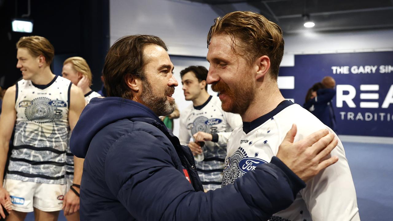 Chris Scott and Zach Tuohy after a game in 2023. Picture: Darrian Traynor/Getty Images