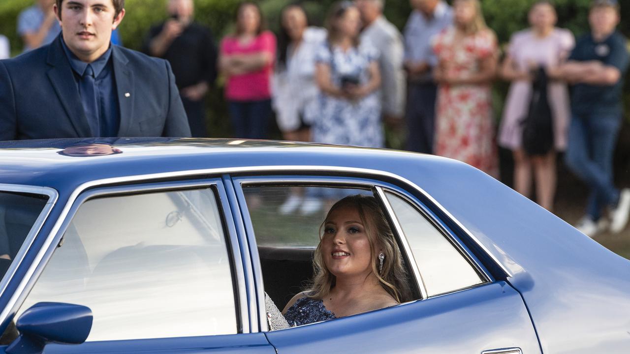 Graduates Kaylee Balderson and Thomas Fagan arrive at Mary MacKillop Catholic College formal at Highfields Cultural Centre, Thursday, November 14, 2024. Picture: Kevin Farmer