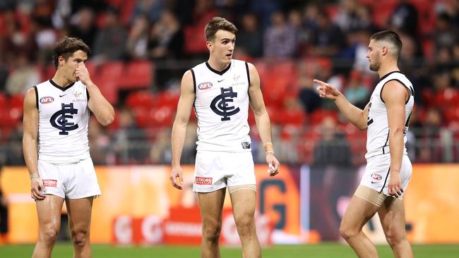 Liam Stocker, Harrison Macreadie and Nic Newman after Carlton’s loss to GWS. Picture: Mark Kolbe/Getty Images.