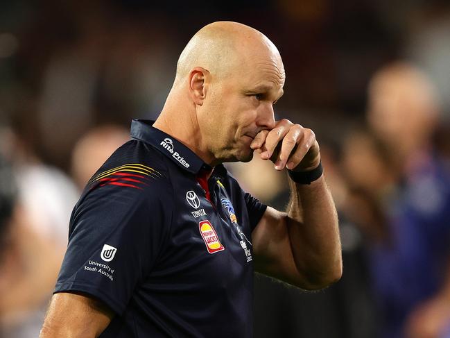 ADELAIDE, AUSTRALIA - MARCH 22: Matthew Nicks, Senior Coach of the Crows at 3 quarter time during the 2024 AFL Round 2 match between the Adelaide Crows and the Geelong Cats at Adelaide Oval on March 22, 2024 in Adelaide, Australia. (Photo by Sarah Reed/AFL Photos via Getty Images)