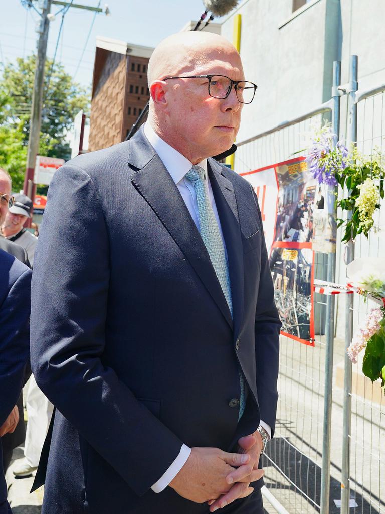 Opposition Leader Peter Dutton visits the Adass Israel Synagogue in Ripponlea following the recent fire. Picture: NewsWire / Luis Enrique Ascui