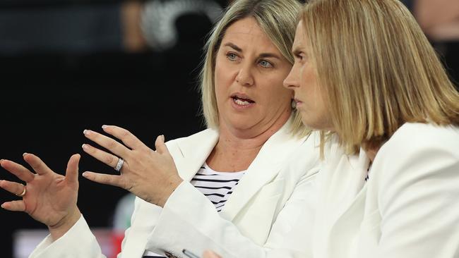 Australia Diamonds coach Stacey Marinkovich and her assistant Nicole Richardson during the opening match of the Constellation Cup. Picture: Getty Images