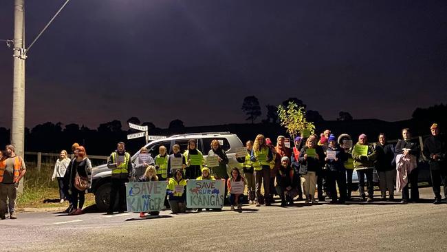 Protesters rally against the planned kangaroo cull in Chirnside Park. Picture: Save the Kinley Kangas – Lilydale Facebook page