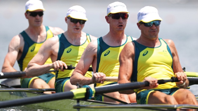 In the very next race the men's four of (L-R) Alexander Purnell, Spencer Turrin, Jack Hargreaves and Alexander Hill repeated the feat by winning gold. Photo: Cameron Spencer/Getty Images