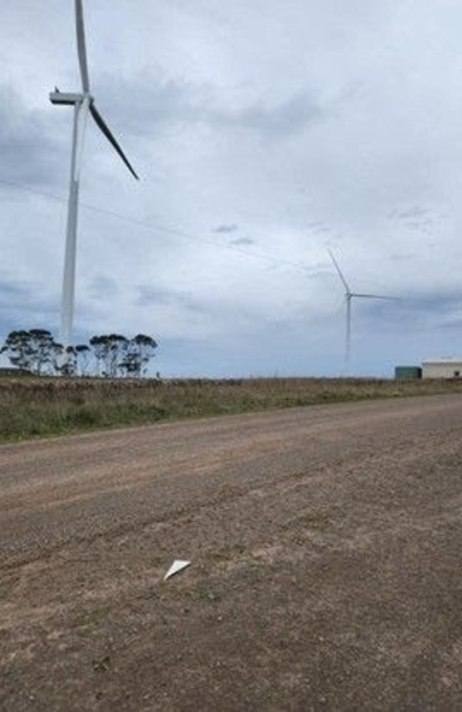 Farmers neighbouring the Golden Plains Wind Farm near Geelong have been finding pieces of sharp plastic that has fallen off the brand new turbines. Picture: Supplied