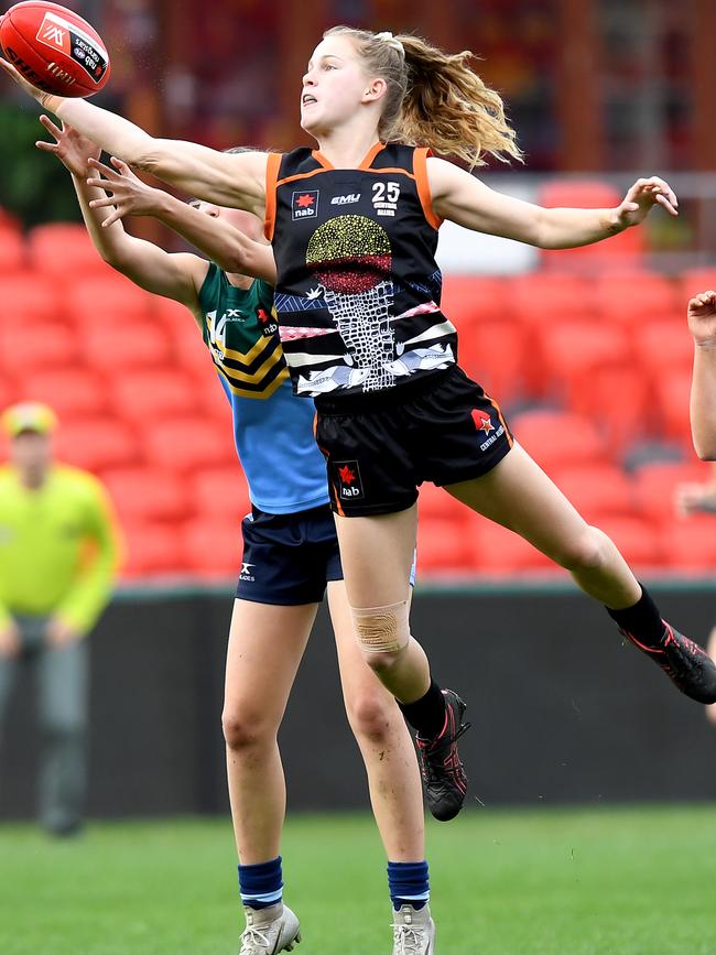Teah Charlton in action for the Central Allies in the AFLW under 18 championships game against the Eastern Allies at Metricon Stadium on July 8, 2019. Picture: Getty Images