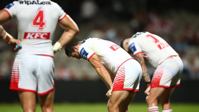 A dejected St George Illawarra star Ben Hunt reacts during the heavy Cronulla defeat. Picture: NRL Photos