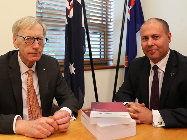 POOL PHOTOS FOR FAIRFAX AND AAP - PLEASE EMAIL ON -Commissioner Kenneth Hayne and Treasurer Josh Frydenberg with the final report from the Royal Commission into Misconduct in the Banking, Superannuation and Financial Services Industry, at Parliament House in Canberra. Picture Kym Smith