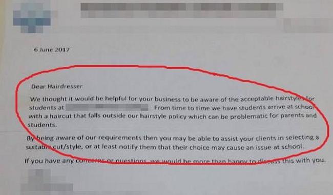 A Gympie hairdresser was shocked to receive this letter from a local school. Picture: Contributed