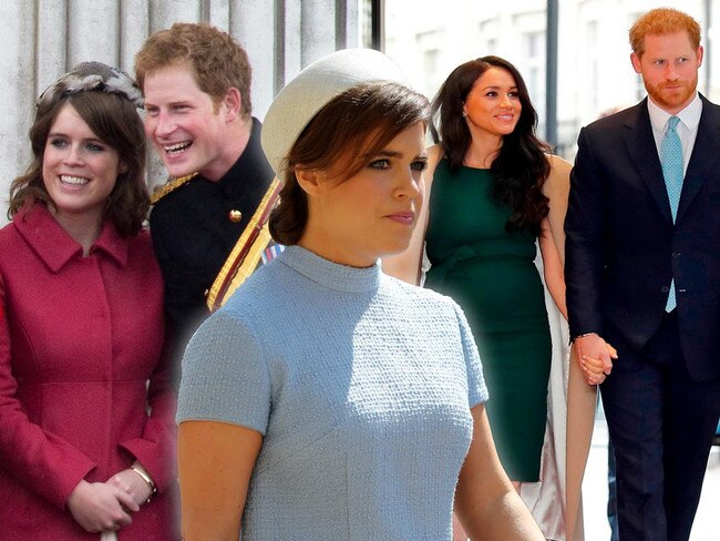 Princess Eugenie, Prince Harry and Meghan Markle. Pictures: AFP