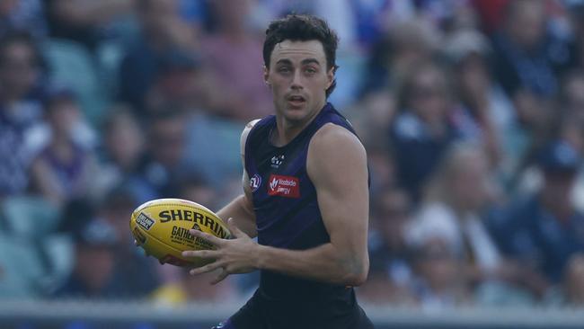 ADELAIDE, AUSTRALIA - APRIL 06: Jordan Clark of the Dockers in action during the 2024 AFL Round 04 match between the Fremantle Dockers and the Carlton Blues at Adelaide Oval on April 06, 2024 in Adelaide, Australia. (Photo by Michael Willson/AFL Photos via Getty Images)