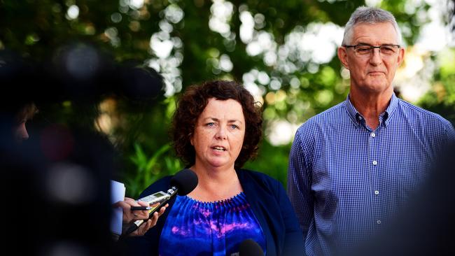 Minister for Territory Families Dale Wakefield and CEO of Territory Families Ken Davies address the media. Picture: Justin Kennedy