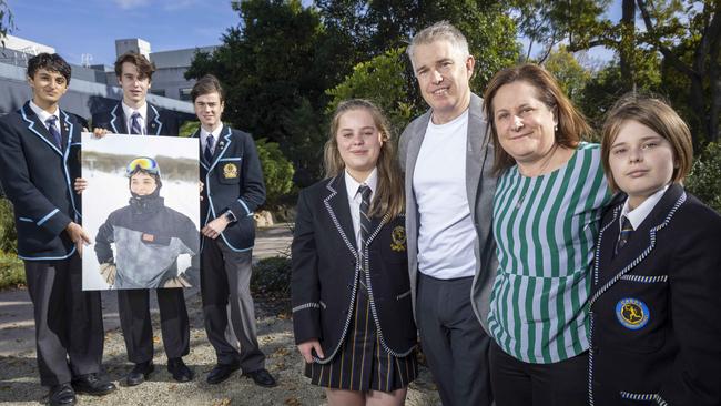 Tommy Auwardt, Nathan Bosmans and Raphael Champion joined Ella, Ben, Tamara, and Lucy McKenzie to remember Max McKenzie at Camberwell Grammar. Picture: Wayne Taylor.