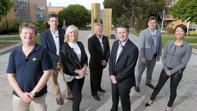 BRAINS TRUST: Tourism heavyweights Rob Pennicott, left, host Richard Eccleston, Jude Franks, of Port Arthur Historic Site, Stephen Farquar, of Qantas, Shannon Wells from Par Avion, Luke Martin of Tourism Industry Council Tasmania and Bianca Welsh, from Stillwater. Picture: RICHARD JUPE