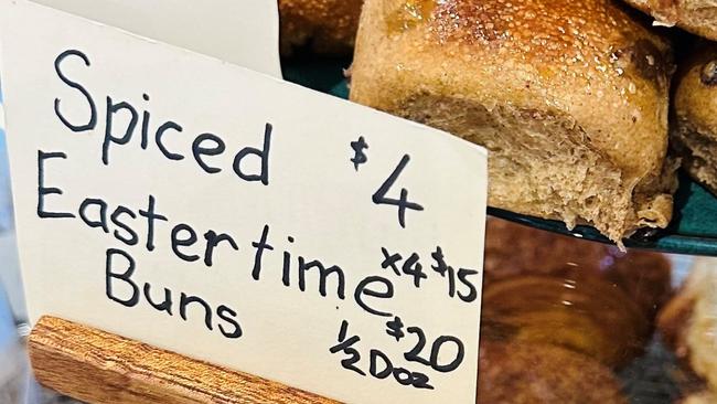 The Easter Time buns for sale at a Brisbane bakery.