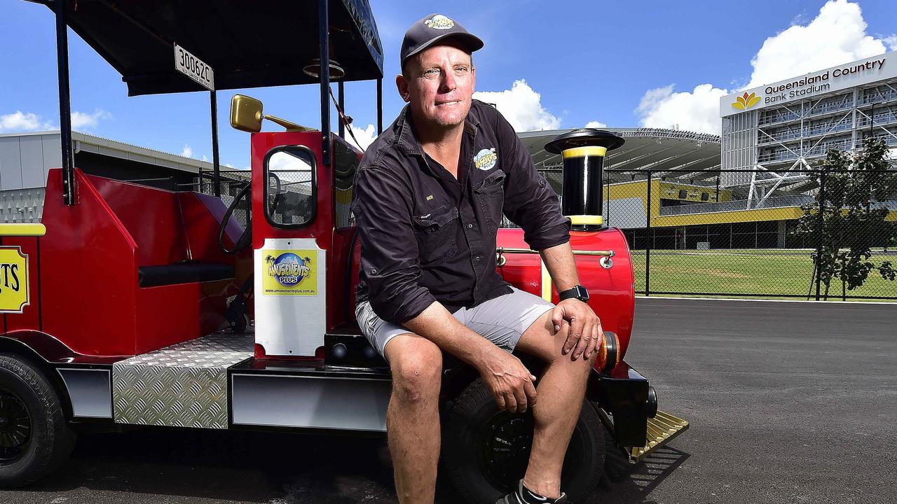 Tommy the Train will take people from one end of the Queensland Country Bank Stadium to the other tomorrow at the open day, driven by Ben Stollznow. PICTURE: MATT TAYLOR.